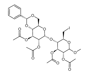 甲基6-脱氧-4-O-[2,3-二-O-乙酰基-4,6-O-[(R)-苯亚甲基]-α-D-吡喃葡萄糖基]-6-碘代-D-吡喃葡萄糖苷 二乙酸酯 结构式