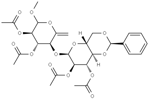 D-xylo-Hex-5-enopyranoside, methyl 6-deoxy-4-O-[2,3-di-O-acetyl-4,6-O-[(R)-phenylmethylene]-α-D-glucopyranosyl]-, diacetate (9CI) 结构式