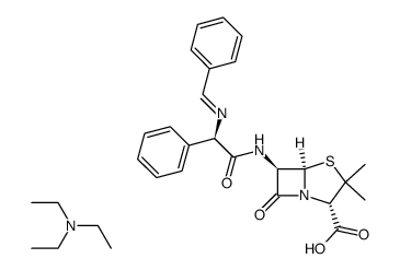 4-Thia-1-azabicyclo[3.2.0]heptane-2-carboxylic acid, 3,3-dimethyl-7-oxo-6-[[phenyl[(phenylmethylene)amino]acetyl]amino]-, [2S-[2α,5α,6β(S*)]]-, compd. with N,N-diethylethanamine (1:1) (9CI) 结构式