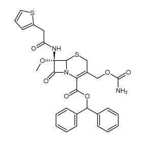 5-Thia-1-azabicyclo[4.2.0]oct-2-ene-2-carboxylic acid, 3-[[(aminocarbonyl)oxy]methyl]-7-methoxy-8-oxo-7-[(2-thienylacetyl)amino]-, diphenylmethyl ester, (6R-cis)- (9CI) 结构式