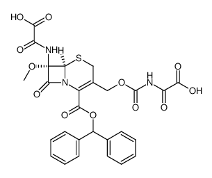 5-Thia-1-azabicyclo[4.2.0]oct-2-ene-2-carboxylic acid, 7-[(carboxycarbonyl)amino]-3-[[[[(carboxycarbonyl)amino]carbonyl]oxy]methyl]-7-methoxy-8-oxo-, 2-(diphenylmethyl) ester, (6R-cis)- (9CI) 结构式