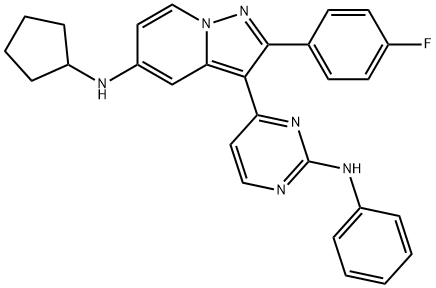 N-环戊基-2-(4-氟苯基)-3-[2-(苯氨基)-4-嘧啶基]吡唑并[1,5-a]吡啶-5-胺 结构式