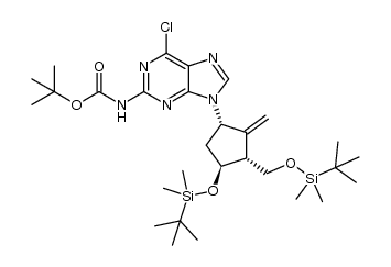 Carbamic acid, N-[6-chloro-9-[(1S,3R,4S)-4-[[(1,1-dimethylethyl)dimethylsilyl]oxy]-3-[[[(1,1-dimethylethyl)dimethylsilyl]oxy]methyl]-2-methylenecyclopentyl]-9H-purin-2-yl]-, 1,1-dimethylethyl ester 结构式