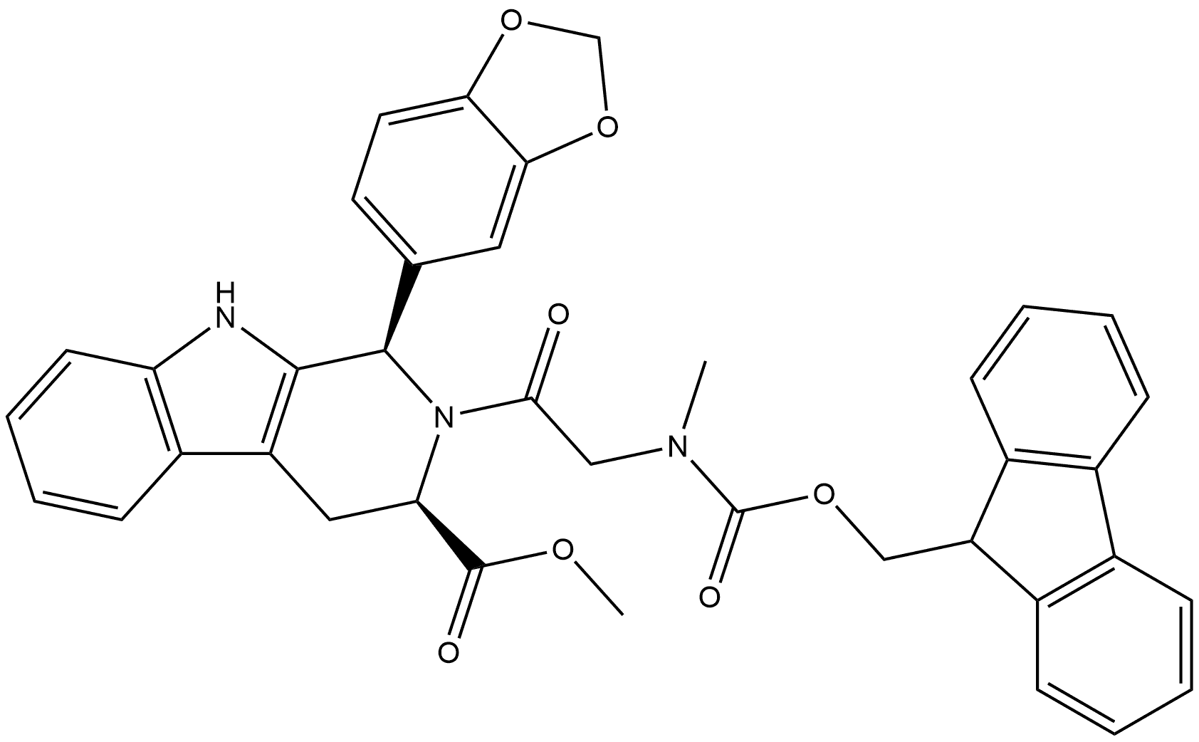 1H-Pyrido[3,4-b]indole-3-carboxylic acid, 1-(1,3-benzodioxol-5-yl)-2-[[[(9H-fluoren-9-ylmethoxy)carbonyl]methylamino]acetyl]-2,3,4,9-tetrahydro-, methyl ester, (1R,3R)- (9CI) 结构式