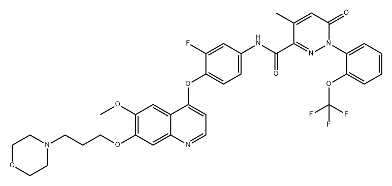 3-Pyridazinecarboxamide, N-[3-fluoro-4-[[6-methoxy-7-[3-(4-morpholinyl)propoxy]-4-quinolinyl]oxy]phenyl]-1,6-dihydro-4-methyl-6-oxo-1-[2-(trifluoromethoxy)phenyl]- 结构式