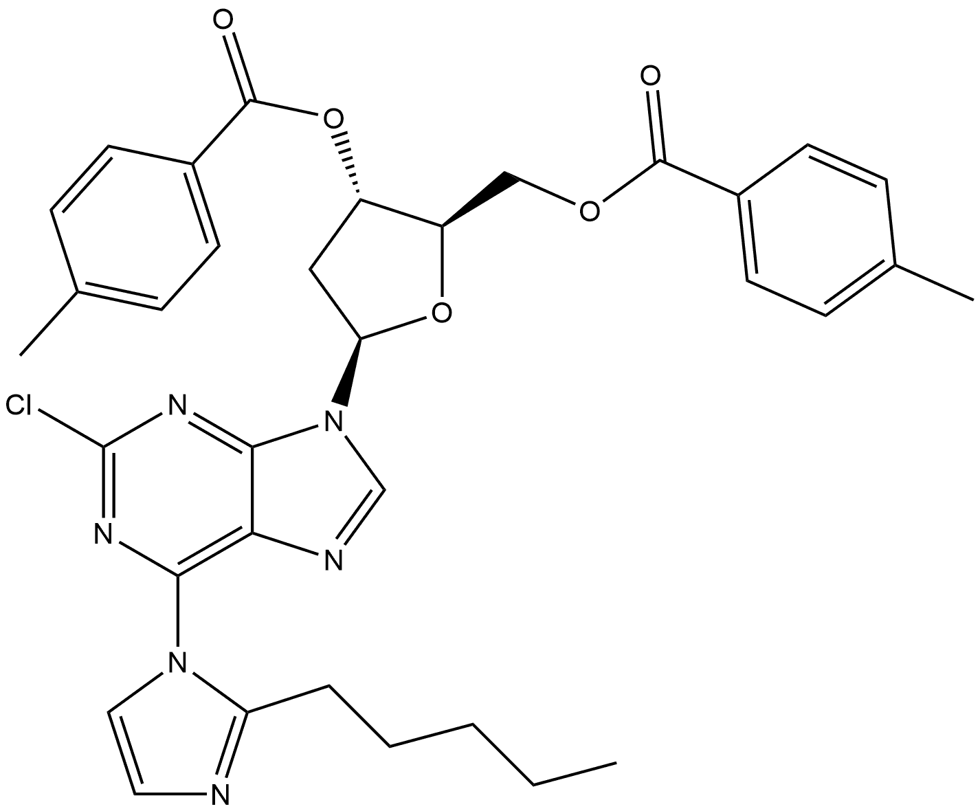 2-氯-9-[2-脱氧-3,5-二-O-(4-甲基苯甲酰基)-β-D-赤式戊呋喃糖基]-6-(2-戊基-1H-咪唑-1-基)-9H-嘌呤 结构式
