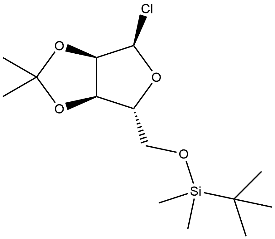 α-D-呋喃核糖基氯,5-O-[(1,1-二甲基乙基)二甲基硅基]-2,3-O-(1-甲基亚乙基)- 结构式