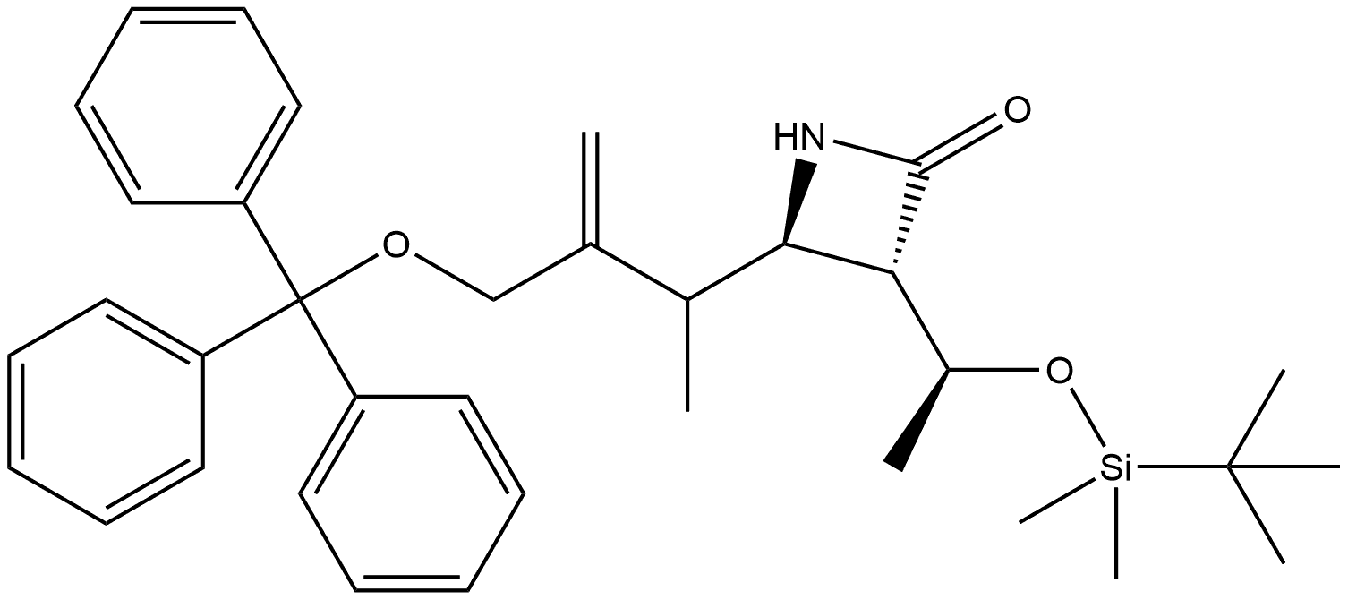2-氮杂环丁酮,3-[1-[[(1,1-二甲基乙基)二甲基硅基]氧代]乙基]-4-[1-甲基-2-[(三苯甲氧基)甲基]-2-丙烯基]-,[3S-[3α(S*),4β(R*)]]- 结构式