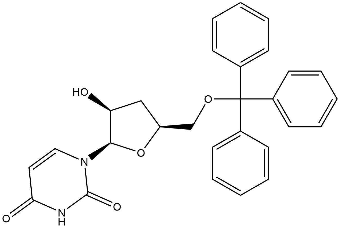 1-[3-脱氧-5-O-(三苯甲基)-β-D-苏式-戊呋喃糖基]-2,4(1H,3H)-嘧啶二酮 结构式