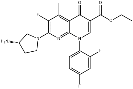 (S)-乙基 7-(3-氨基吡咯烷-1-基)-1-(2,4-二氟苯基)-6-氟-5-甲基-4-氧亚基-1,4-二氢-1,8-萘啶-3-甲酸基酯 结构式