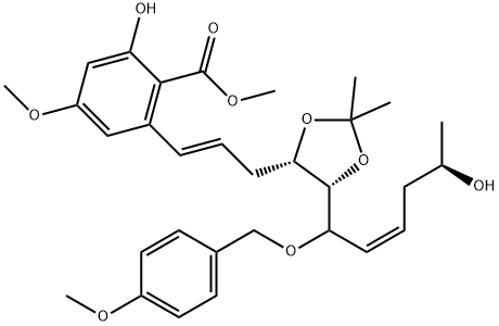 2-羟基-6-[(1E)-3-[(4S,5S)-5-[(2Z,5R)-5-羟基-1-[(4-甲氧基苯基)甲氧基]-2-己烯-1-基]-2,2-二甲基-1,3-二氧戊环-4-基]-1-丙烯-1-基]-4-甲氧基苯甲酸甲酯 结构式