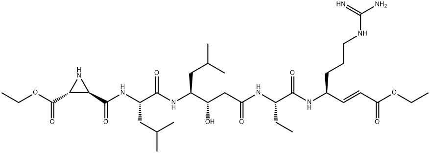 2-Aziridinecarboxylic acid, 3-[(3S,6S,7S,11S,14S,15E)-14-[3-[(aminoiminomethyl)amino]propyl]-11-ethyl-7-hydroxy-3,6-bis(2-methylpropyl)-1,4,9,12,17-pentaoxo-18-oxa-2,5,10,13-tetraazaeicos-15-en-1-yl]-, ethyl ester, (2R,3R)- 结构式