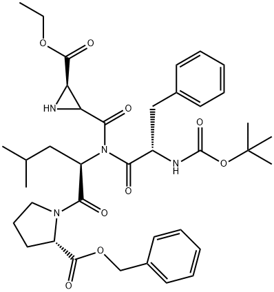 N-叔丁氧羰基-L-苯丙氨酰-(2R,3R)-3-乙氧羰基-2-氮丙啶羰基-L-亮氨酰-L-脯氨酸苄酯 结构式