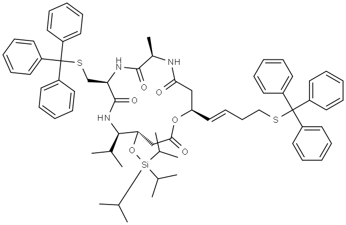 Cyclo[D-alanyl-S-(triphenylmethyl)-D-cysteinyl-(3S,4R)-4-amino-5-methyl-3-[[tris(1-methylethyl)silyl]oxy]hexanoyl-(3S,4E)-3-hydroxy-7-[(triphenylmethyl)thio]-4-heptenoyl] 结构式