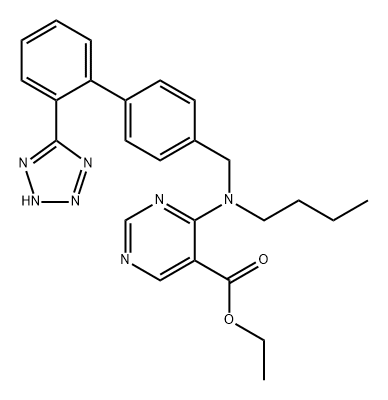 5-Pyrimidinecarboxylic acid, 4-[butyl[[2'-(2H-tetrazol-5-yl)[1,1'-biphenyl]-4-yl]methyl]amino]-, ethyl ester 结构式
