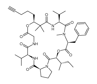 1H,9H-Pyrrolo[2,1-i][1,13,4,7,10,16,19]dioxapentaazacyclodocosine-1,4,7,11,14,17,20(10H,19H)-heptone, dodecahydro-10,10,15-trimethyl-3,13-bis(1-methylethyl)-19-[(1S)-1-methylpropyl]-9-(4-pentyn-1-yl)-16-(phenylmethyl)-, (3S,9S,13S,16S,19S,24aS)- 结构式