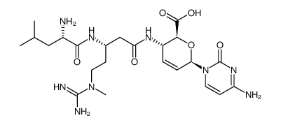 β-D-erythro-Hex-2-enopyranuronic acid, 4-[[(3S)-5-[(aminoiminomethyl)methylamino]-3-[[(2S)-2-amino-4-methyl-1-oxopentyl]amino]-1-oxopentyl]amino]-1-(4-amino-2-oxo-1(2H)-pyrimidinyl)-1,2,3,4-tetradeoxy- (9CI) 结构式