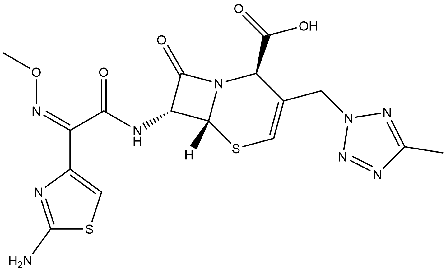5-Thia-1-azabicyclo[4.2.0]oct-3-ene-2-carboxylic acid, 7-[[(2-amino-4-thiazolyl)(methoxyimino)acetyl]amino]-3-[(5-methyl-2H-tetrazol-2-yl)methyl]-8-oxo-, [2R-[2α,6α,7β(Z)]]- (9CI) 结构式