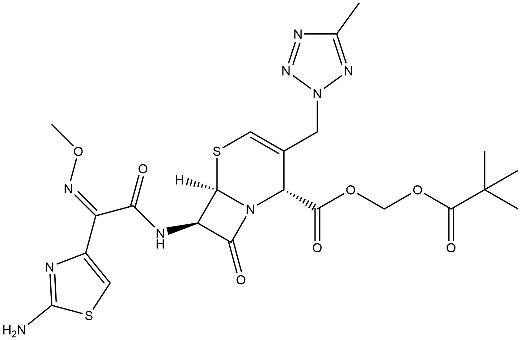 5-Thia-1-azabicyclo[4.2.0]oct-3-ene-2-carboxylic acid, 7-[[(2-amino-4-thiazolyl)(methoxyimino)acetyl]amino]-3-[(5-methyl-2H-tetrazol-2-yl)methyl]-8-oxo-, (2,2-dimethyl-1-oxopropoxy)methyl ester, [2R-[2α,6α,7β(Z)]]- (9CI) 结构式