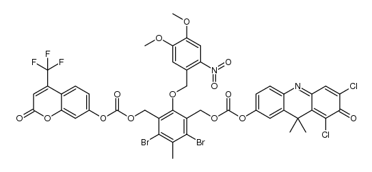 Carbonic acid, [2,4-dibromo-5-[[[[(6,8-dichloro-7,9-dihydro-9,9-dimethyl-7-oxo-2-acridinyl)oxy]carbonyl]oxy]methyl]-6-[(4,5-dimethoxy-2-nitrophenyl)methoxy]-3-methylphenyl]methyl 2-oxo-4-(trifluoromethyl)-2H-1-benzopyran-7-yl ester 结构式