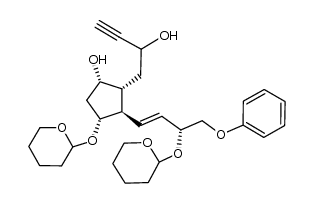 Cyclopentaneethanol, α-ethynyl-5-hydroxy-2-[(1E,3R)-4-phenoxy-3-[(tetrahydro-2H-pyran-2-yl)oxy]-1-buten-1-yl]-3-[(tetrahydro-2H-pyran-2-yl)oxy]-, (1R,2R,3R,5S)- 结构式