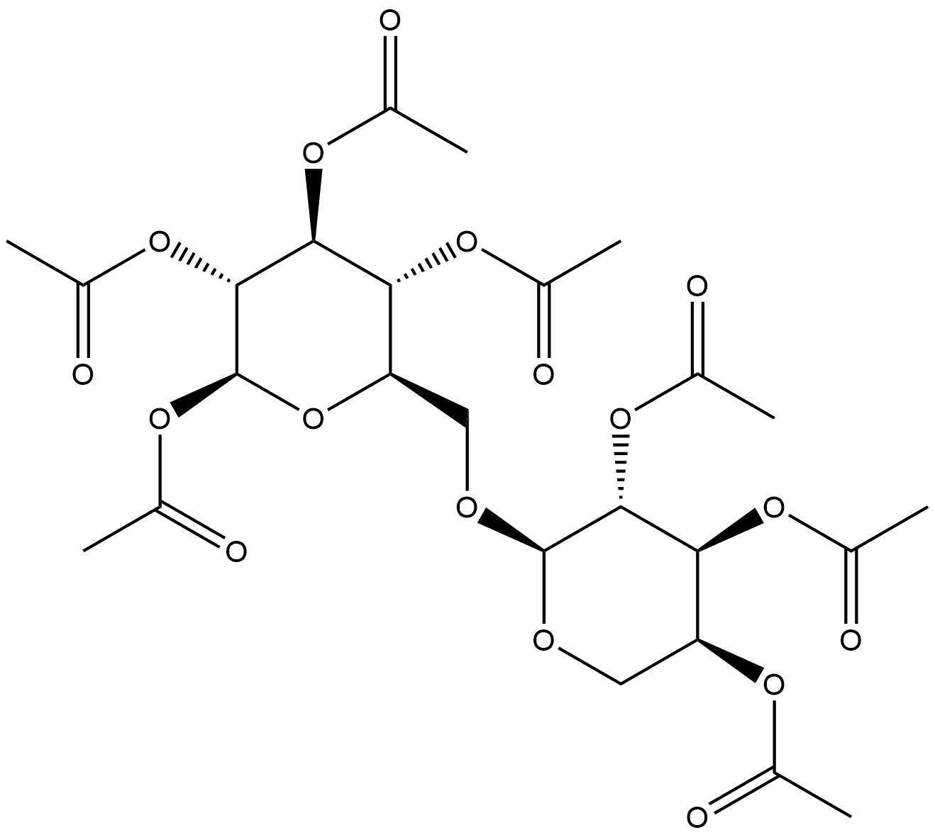 β-D-吡喃葡萄糖 6-O-(2,3,4-三-O-乙酰基-α-L-吡喃阿拉伯糖基)- 四乙酸酯 结构式