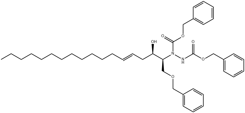 1,2-Hydrazinedicarboxylic acid, 1-[(1S,2R,4E)-2-hydroxy-1-[(phenylmethoxy)methyl]-4-heptadecen-1-yl]-, 1,2-bis(phenylmethyl) ester 结构式