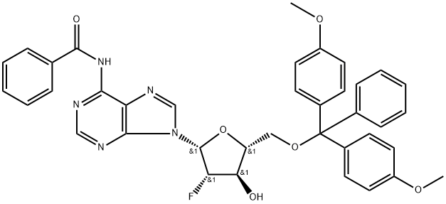 N6-苯甲酰基-5'-O-(4,4'-二甲氧基三苯甲基)-2'-氟-2'-脱氧阿拉伯糖腺苷 结构式