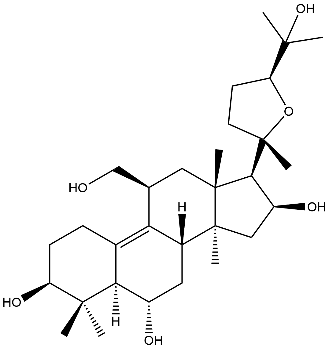 19-Norlanost-9-ene-3,6,16,25-tetrol, 20,24-epoxy-11-(hydroxymethyl)-, (3β,6α,11β,16β,24S)- 结构式