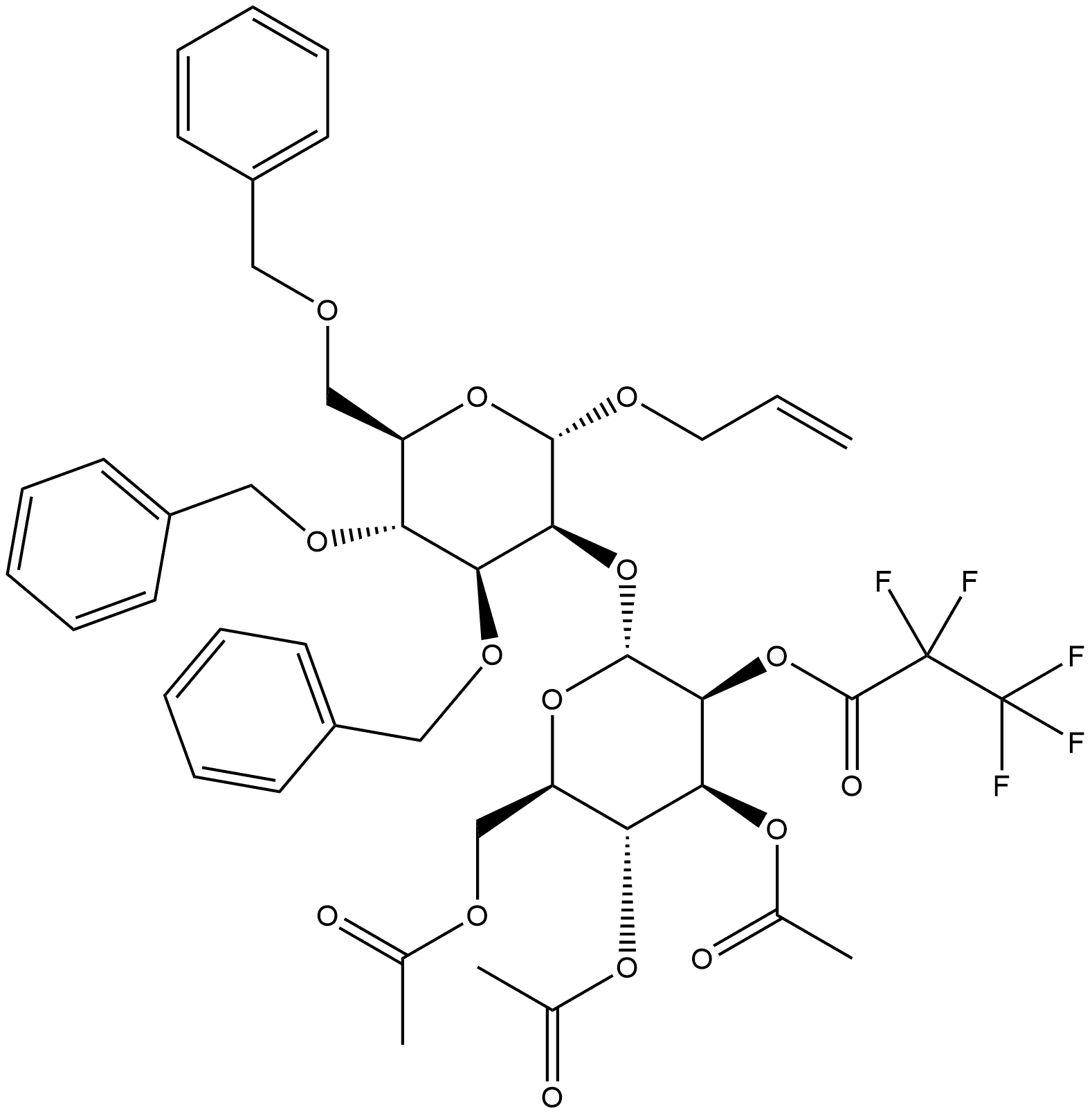 α-D-甘露吡喃糖苷-2-丙烯基-3,4,6-三-O-苄基-2-O-[3,4,6-三-O-乙酰基-2-O-(2,2,3,3,3-五氟丙酰基)-α-D-甘露吡喃糖基]- 结构式