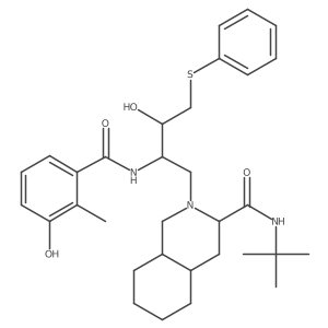 3-Isoquinolinecarboxamide, N-(1,1-dimethylethyl)decahydro-2-[(2S,3S)-3-hydroxy-2-[(3-hydroxy-2-methylbenzoyl)amino]-4-(phenylthio)butyl]-, (3S,4aS,8aS)- 结构式