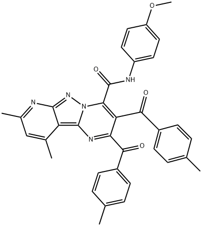 Pyrido[2',3':3,4]pyrazolo[1,5-a]pyrimidine-4-carboxamide, N-(4-methoxyphenyl)-8,10-dimethyl-2,3-bis(4-methylbenzoyl)- 结构式