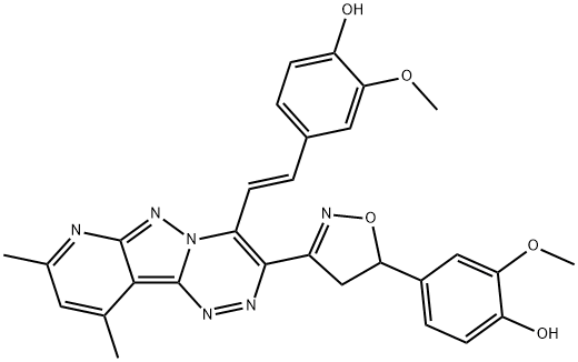 Phenol, 4-[4,5-dihydro-3-[4-[(1E)-2-(4-hydroxy-3-methoxyphenyl)ethenyl]-8,10-dimethylpyrido[2',3':3,4]pyrazolo[5,1-c][1,2,4]triazin-3-yl]-5-isoxazolyl]-2-methoxy- 结构式