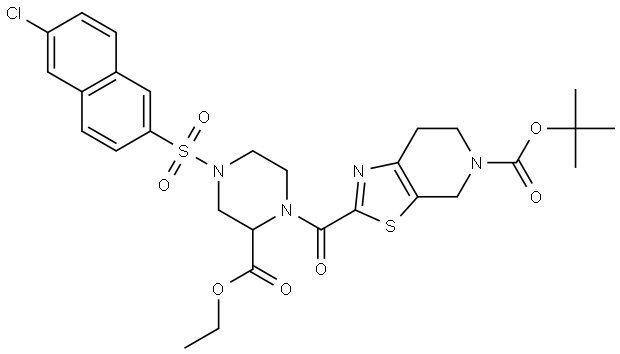 噻唑并[5,4-c]吡啶-5(4H)-羧酸, 2-[[4-[(6-氯-2-萘基)磺酰基]-2-(乙氧羰基)-1-哌嗪基]羰基]-6,7-二氢-, 1,1-二甲基乙酯 结构式