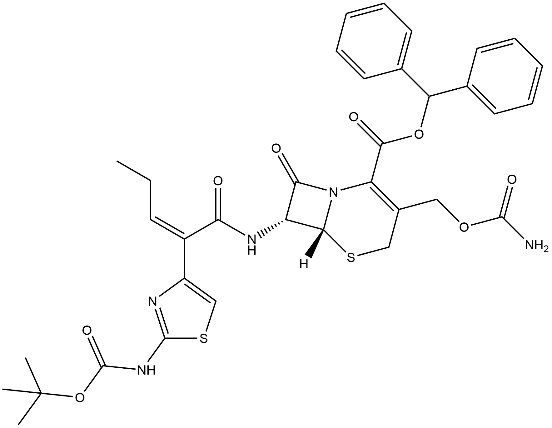 5-Thia-1-azabicyclo[4.2.0]oct-2-ene-2-carboxylic acid, 3-[[(aminocarbonyl)oxy]methyl]-7-[[2-[2-[[(1,1-dimethylethoxy)carbonyl]amino]-4-thiazolyl]-1-oxo-2-pentenyl]amino]-8-oxo-, diphenylmethyl ester, [6R-[6α,7β(Z)]]- (9CI) 结构式