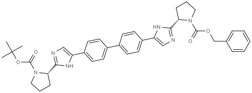 1-Pyrrolidinecarboxylic acid, 2-[5-[4'-[2-[(2S)-1-[(1,1-dimethylethoxy)carbonyl]-2-pyrrolidinyl]-1H-imidazol-5-yl][1,1'-biphenyl]-4-yl]-1H-imidazol-2-yl]tetrahydro-, phenylmethyl ester, (2S)- 结构式