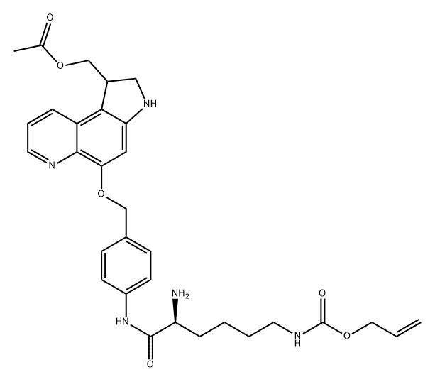 Carbamic acid, [(5S)-6-[[4-[[[1-[(acetyloxy)methyl]-2,3-dihydro-1H-pyrrolo[3,2-f]quinolin-5-yl]oxy]methyl]phenyl]amino]-5-amino-6-oxohexyl]-, 2-propenyl ester (9CI) 结构式