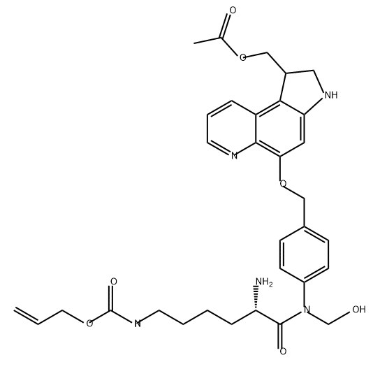 Carbamic acid, [(5S)-6-[[4-[[[1-[(acetyloxy)methyl]-2,3-dihydro-1H-pyrrolo[3,2-f]quinolin-5-yl]oxy]methyl]phenyl](hydroxymethyl)amino]-5-amino-6-oxohexyl]-, 2-propenyl ester (9CI) 结构式
