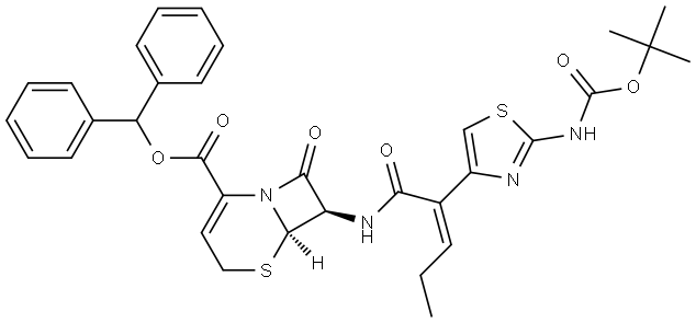 5-Thia-1-azabicyclo[4.2.0]oct-2-ene-2-carboxylic acid, 7-[[2-[2-[[(1,1-dimethylethoxy)carbonyl]amino]-4-thiazolyl]-1-oxo-2-pentenyl]amino]-8-oxo-, diphenylmethyl ester, [6R-[6α,7β(Z)]]- 结构式