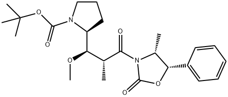 1-Pyrrolidinecarboxylic acid, 2-[(1R,2R)-1-methoxy-2-methyl-3-[(4R,5S)-4-methyl-2-oxo-5-phenyl-3-oxazolidinyl]-3-oxopropyl]-, 1,1-dimethylethyl ester, (2S)- 结构式