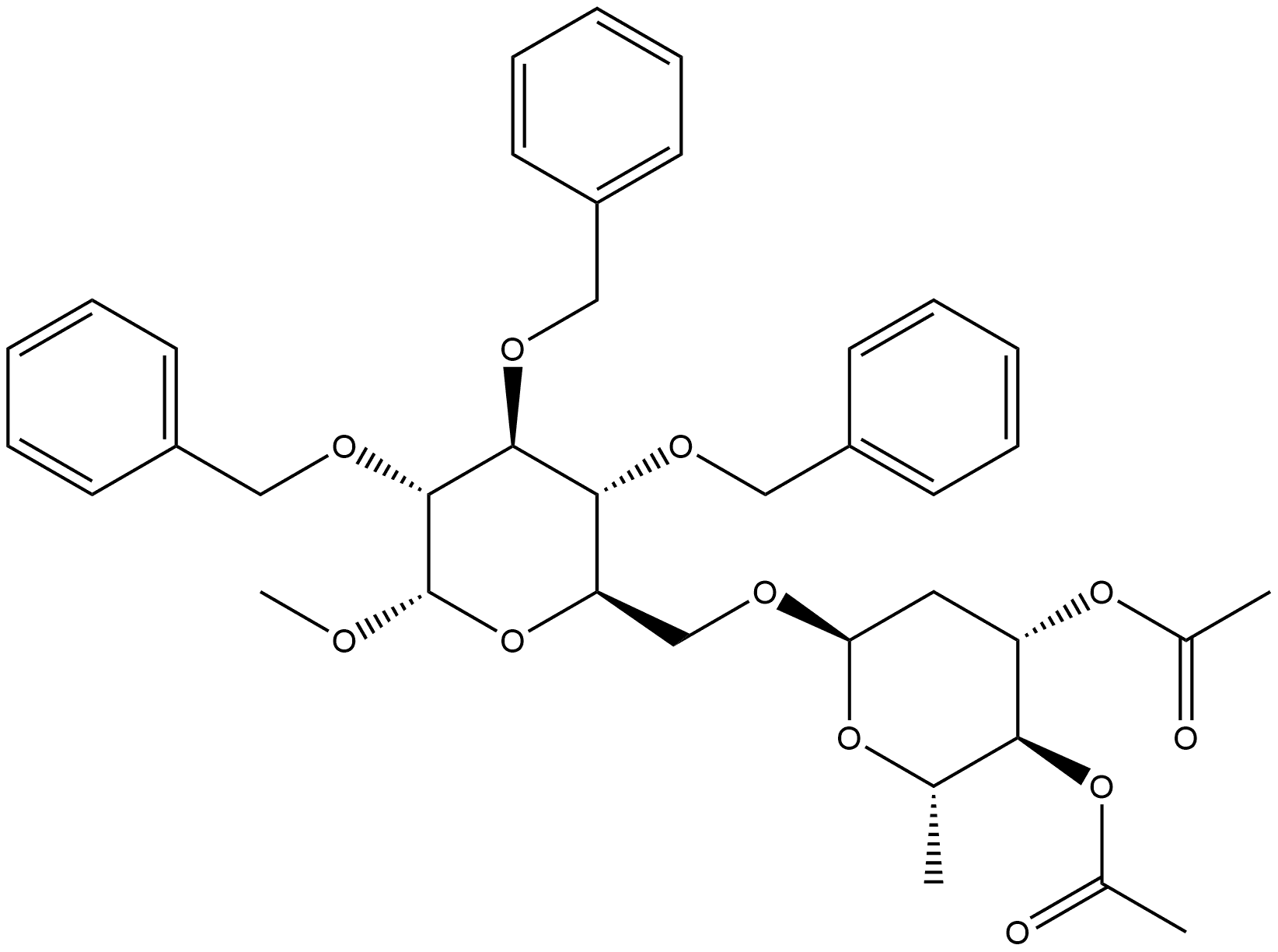 甲基 6-O-(3,4-二-O-乙酰基-2,6-二脱氧-α-L-阿拉伯糖-己吡喃糖基)-2,3,4-三-O-(苄基)-α-D-吡喃葡萄糖苷 结构式