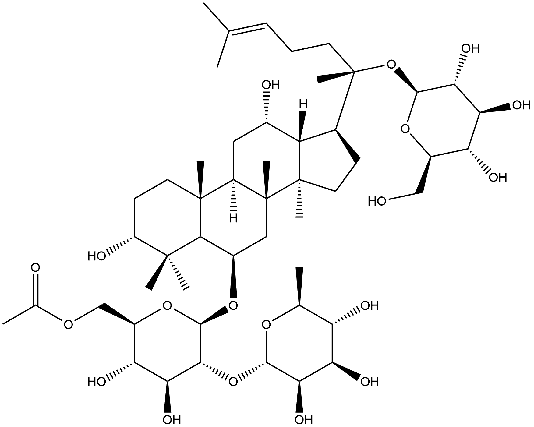β-D-Glucopyranoside, (3β,6α,12β)-20-(β-D-glucopyranosyloxy)-3,12-dihydroxydammar-24-en-6-yl 2-O-(6-deoxy-α-L-mannopyranosyl)-, 6-acetate 结构式