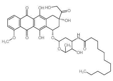 5,12-Naphthacenedione, 7,8,9,10-tetrahydro-6,8,11-trihydroxy-8-(2-hydroxyacetyl)-1-methoxy-10-[[2,3,6-trideoxy-3-[(1-oxododecyl)amino]-α-L-lyxo-hexopyranosyl]oxy]-, (8S,10S)- 结构式