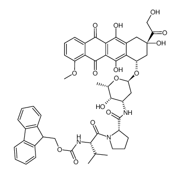 5,12-Naphthacenedione, 7,8,9,10-tetrahydro-6,8,11-trihydroxy-8-(2-hydroxyacetyl)-1-methoxy-10-[[2,3,6-trideoxy-3-[[N-[(9H-fluoren-9-ylmethoxy)carbonyl]-L-valyl-L-prolyl]amino]-α-L-lyxo-hexopyranosyl]oxy]-, (8S,10S)- 结构式