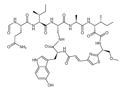L-Tryptophan, N2-formyl-L-glutaminyl-L-isoleucyl-3-amino-L-alanyl-L-alanyl-(3R,4R)-3-amino-4-methyl-2-oxohexanoyl-(2E)-3-[2-[(1S)-1-amino-2-methoxyethyl]-4-thiazolyl]-2-propenoyl-5-hydroxy-, (7→3)-lactam 结构式
