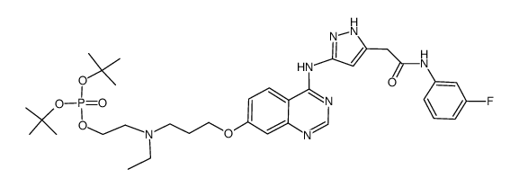 Phosphoric acid, bis(1,1-dimethylethyl) 2-[ethyl[3-[[4-[[5-[2-[(3-fluorophenyl)amino]-2-oxoethyl]-1H-pyrazol-3-yl]amino]-7-quinazolinyl]oxy]propyl]amino]ethyl ester 结构式