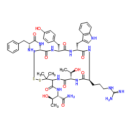 D-苯丙氨酰-L-半胱氨酰-L-酪氨酰-D-色氨酰-L-精氨酰-L-苏氨酰-3-巯基-L-缬氨酰-L-苏氨酰胺环(2-7)-二硫醚 结构式