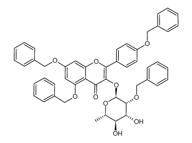 4H-1-Benzopyran-4-one, 3-[[6-deoxy-2-O-(phenylmethyl)-α-L-mannopyranosyl]oxy]-5,7-bis(phenylmethoxy)-2-[4-(phenylmethoxy)phenyl]- 结构式