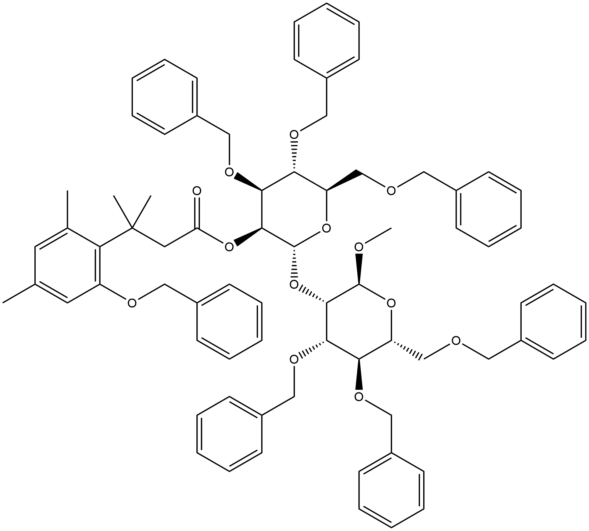 α-D-甘露吡喃糖苷, 甲基 2-O-[2-O-[3-[2,4-二甲基-6-(苯基甲氧基)苯基]-3-甲基-1-氧代丁基]-3,4,6-三-O-(苯基甲基)-α-D-甘露吡喃糖基]-3,4,6-三-O-(苯基甲基)- 结构式