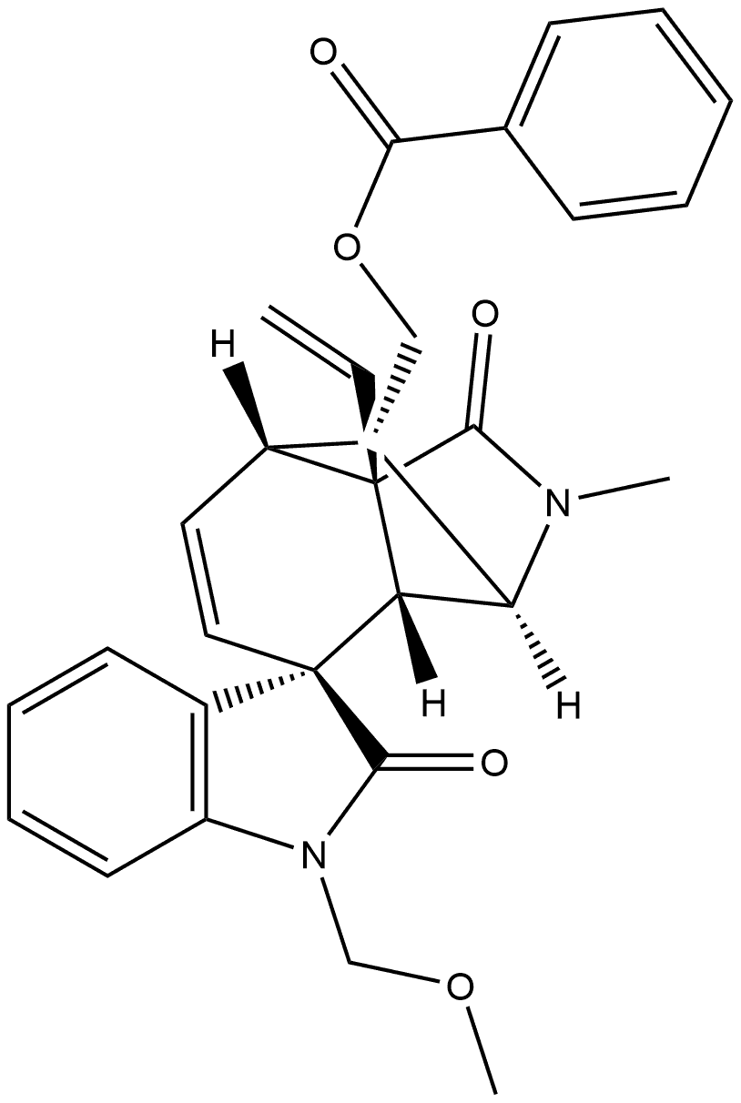 Spiro[3H-indole-3,4'-[3,7]methano[4H]isoindole]-1',2(1H,2'H)-dione, 8'-[(benzoyloxy)methyl]-7'a-ethenyl-3',3'a,7',7'a-tetrahydro-1-(methoxymethyl)-2'-methyl-, (3S,3'S,3'aS,7'R,7'aS,8'S)- 结构式